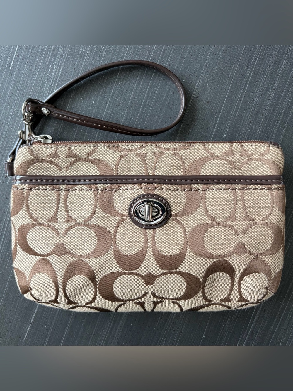 Coach Signature Brown Canvas Wristlet with Turnlock
